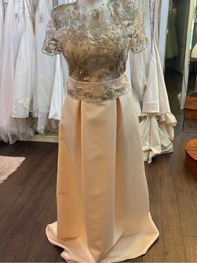 Elegant Beaded Lace Gown in Champagne